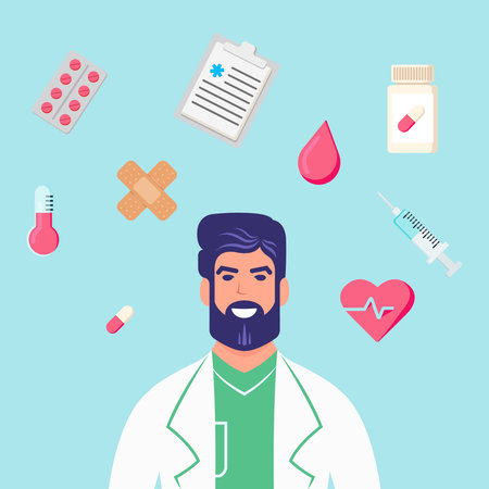 Nurse or doctor with beard with medicine icons around it. Vector illustration.のイラスト素材