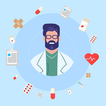 Doctor or pharmacist with a set of health icons around. Vector illustration.のイラスト素材
