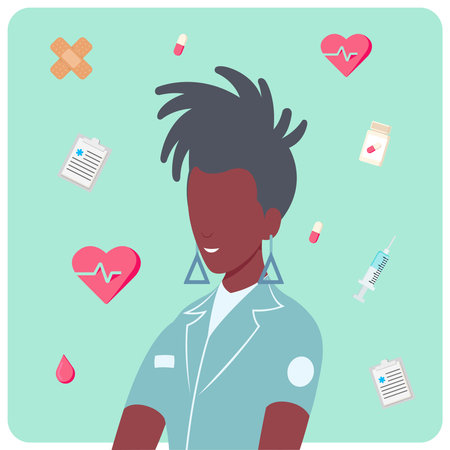 Black female nurse or doctor with medicines around, pill, syringe, blood, pills. Vector illustration.のイラスト素材