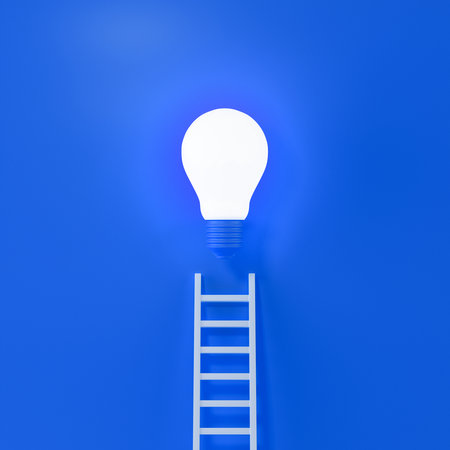 Ladder reaches up to a lit light bulb representing an Idea or business on blue background, creativity, invention concept. 3d rendering.の写真素材