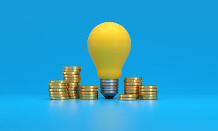 Light bulb with coins beside it. Increase in energy tariffs. Efficiency and energy saving. 3d illustration.の写真素材