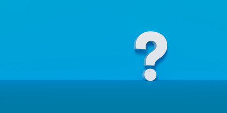 White question mark symbol on blue wall room with copy space, question, faq or brainstorming concept, 3D rendering.の写真素材