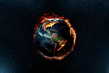 AI generated. Planet earth burning in fire with a focus on Brazil, Amazon jungleの素材