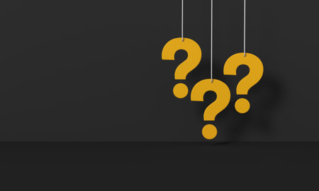 Yellow question mark at black Wall Background. FAQ Concept - 3D rendering.の写真素材