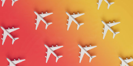 Pattern of airplanes on blue background. 3D rendering.の写真素材
