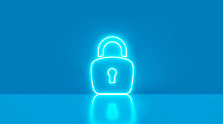 cyber security holographic neon icon blue with reflection background. 3d illustration.の写真素材