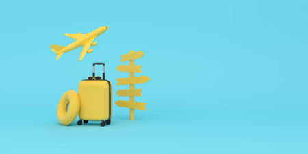 Air Travel Concept.Yellow Suitcase, Signpost, float and Airplane on blue background. Travel Destination. 3D rendering.の写真素材