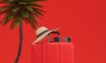 red Suitcase, Palm tree, hat and sun glasses on red background. Vacation on the beach. 3d rendering.の写真素材