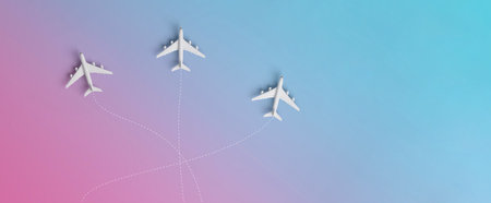 Three airplanes travelling to different destinations in gradient background. holiday or business trip concept. 3D rendering.の写真素材