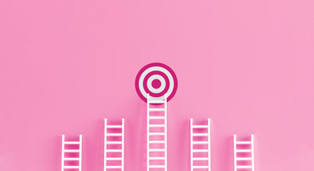 Target ladder achievement concept on pink wall studio background. Woman power. target, success concept with copy spaces for text. 3d rendering.の写真素材