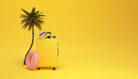 Suitcase with sun glasses and hat inside of a palm tree on yellow background. travel paradise concept minimal. 3d rendering.の写真素材