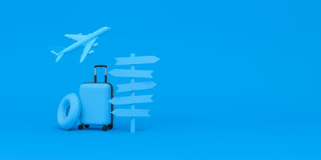 Luggage, Airplane fly, float and White crossroads signage pointing different directions on blue background. vacation concept. 3d rendering.の写真素材
