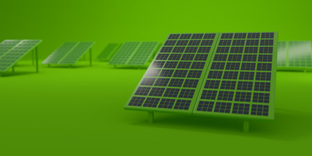 Farm grid of Solar panels on green background. Sustainability concept. 3D rendering.の写真素材