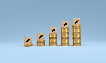 Wood cube arrow with coins on blue background, economic data concept, Customer Price Index. 3D rendering.の写真素材