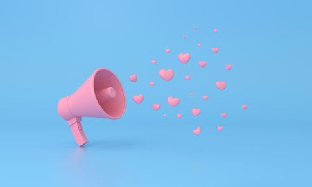 Megaphone loudspeaker likes followers notifications or hearts fly on blue background. 3D rendering.の写真素材