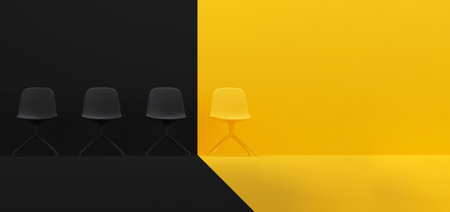 Outstanding chair in row. Yellow chair highlighted. Recruitment business concept. 3d rendering.の写真素材