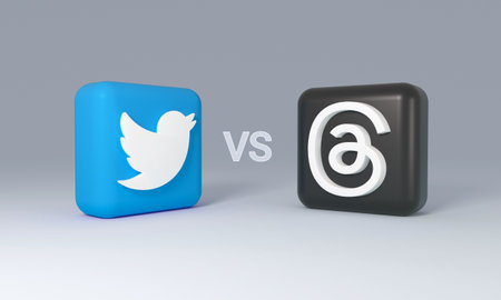 Madrid, Spain - July, 2023: Twitter and threads app icon discussion is a new Instagram and Meta social media app for microblogging. 3d Rendering.のeditorial素材