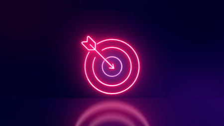 Arrow target luminous neon on purple background. Dart hitting business concept. 3D rendering.の写真素材