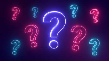 Sea of doubts. Many neon question marks icon. Something to think about or a Problem to solve. 3D rendering.の写真素材