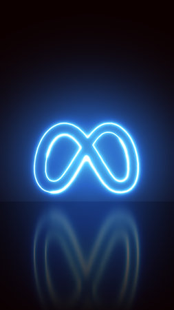 Madrid, Spain - August, 2023. Meta logo on black background. Facebook Instagram Whatsapp Messenger. Neon light.のeditorial素材