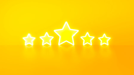 Neon light style 5 stars user rating for feedback or survey on yellow background. service feedback concept.の写真素材