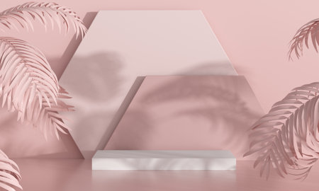 Stage with podiums and plants around it. Empty podium platforms, stage for product display. Stage, exhibition, galleryの写真素材