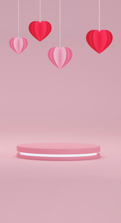 3D Paper cur Heart balloon floating with Neon podium on Pink background. Happy Valentine's Day. 3d illustration.の写真素材