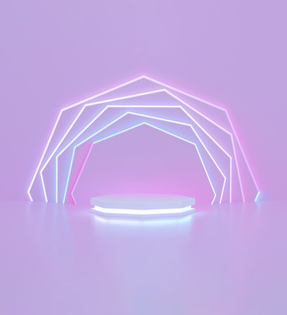 Neon podium for cosmetics teenager people on pink background. 3D rendering.の写真素材