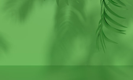 Wall with shadows of palm tree lights in green ecology colors. 3D rendering.の写真素材