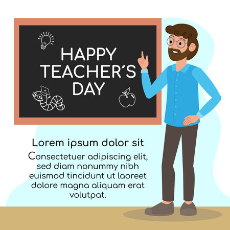 Male teacher teaching in front of the blackboard. Happy teachers day text. Vector Illustration.のイラスト素材
