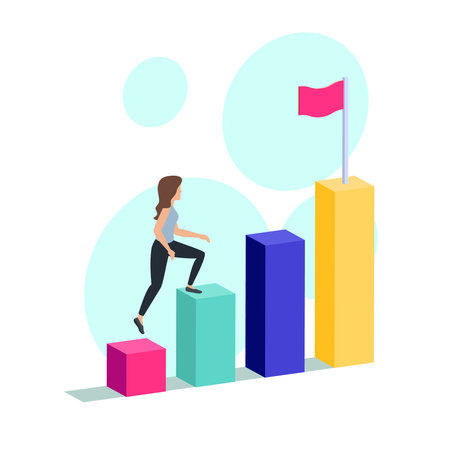 An isometric illustration of a woman ascending colorful blocks towards a flag, representing career progression and business goals. Vector illustrator.のイラスト素材