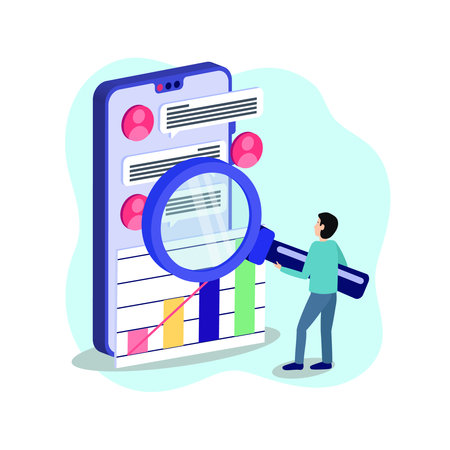 An illustration of a person using a magnifying glass to closely inspect data on a large smartphone, emphasizing the importance of detailed analytics. Vector Illustration.のイラスト素材