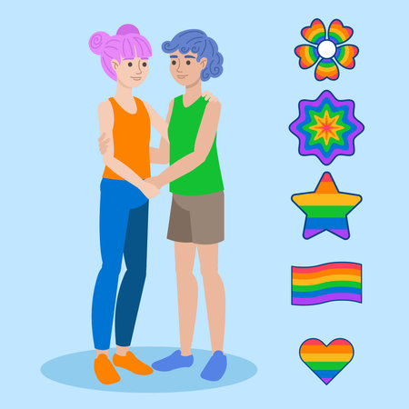 Two people with colorful hair, embracing, surrounded by various Pride themed symbols. vector illustrationのイラスト素材