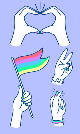 Various hands displaying symbols of Pride, including a heart shape, a rainbow flag, and victory and love gestures, all set against a soft purple background.のイラスト素材