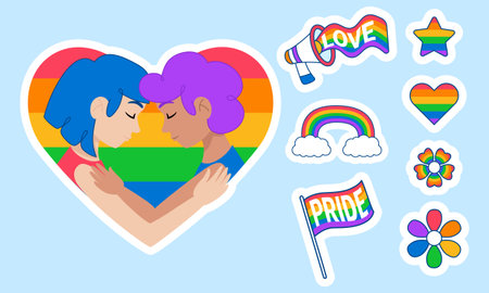 Couple in a loving embrace inside a heart-shaped Pride sticker, surrounded by various LGBTQ+ themed symbols. vector illustrationのイラスト素材