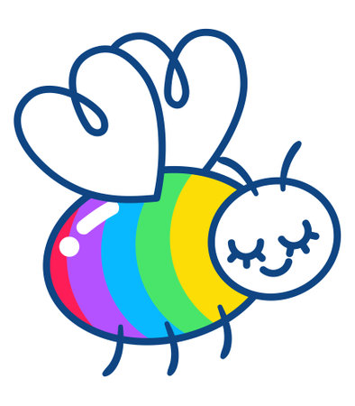 Adorable Pride sticker icon featuring a bee with rainbow stripes and heart-shaped wings on a white background. Perfect for LGBTQ+ themes and celebrations.のイラスト素材