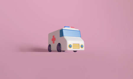 3D illustration of a toy-like ambulance with a cross, set against a pink background, representing emergency medical services.の写真素材