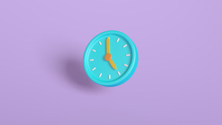 Blue clock isolated on purple background. Minimalism concept. 3d render illustrationの写真素材