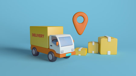 3d rendering of a delivery truck with boxes and a map pointerの写真素材