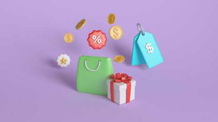 Shopping bag, gift box and coins. 3D rendering.