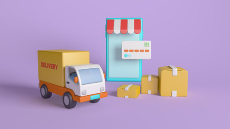 3d rendering of delivery truck with boxes and cellphone for online shopping conceptの写真素材