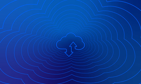 Cloud icon with upload download arrows radiating into a blue digital tunnel, representing data flow...