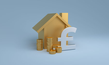 Golden house model with stacked coins and a large silver pound sterling symbol on a light background, depicting property financeの写真素材