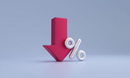 Red 3d down arrow showing a financial decrease or discount, next to a silver percentage sign on a...