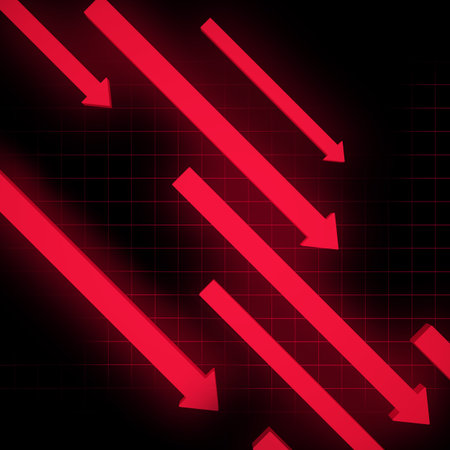 Multiple bold red arrows pointing down on a dark grid, symbolizing a continuous market decline and...