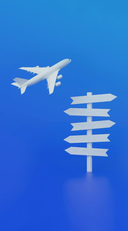 Airplane flying in a blue sky above a blank wooden signpost, representing choice, travel planning,...
