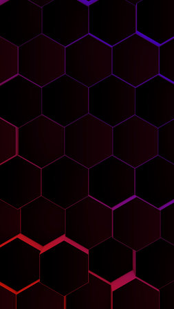 Dark hexagonal pattern creating a futuristic background with vibrant neon outlines in red, pink, and...