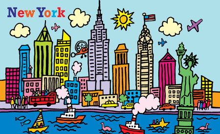 A cartoon style illustration of New York, City