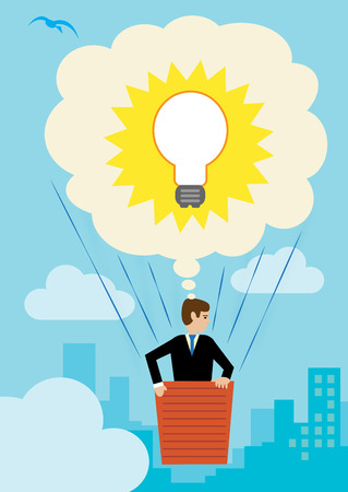A large thought bubble containing a light bulb, that is lifting up a businessman over the cityのイラスト素材