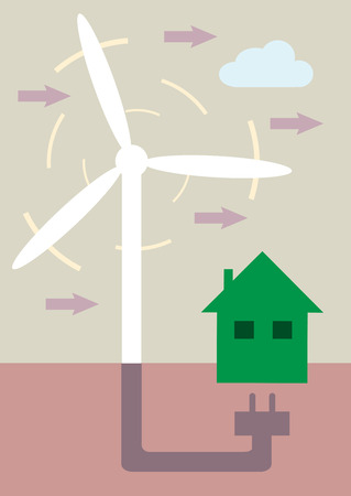illustration of a wind turbine, connecting to a green house with a large plug のイラスト素材